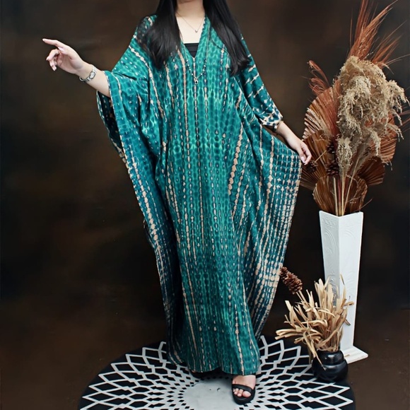 0118/ Hand Tie-Dye Rayon Caftan: Bohemian Maxi Dress, Resort Wear - Picture 3 of 15